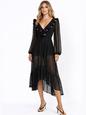 BAHIA MAR Black Maxi Lace Dress with ruffles and pearls Size Large